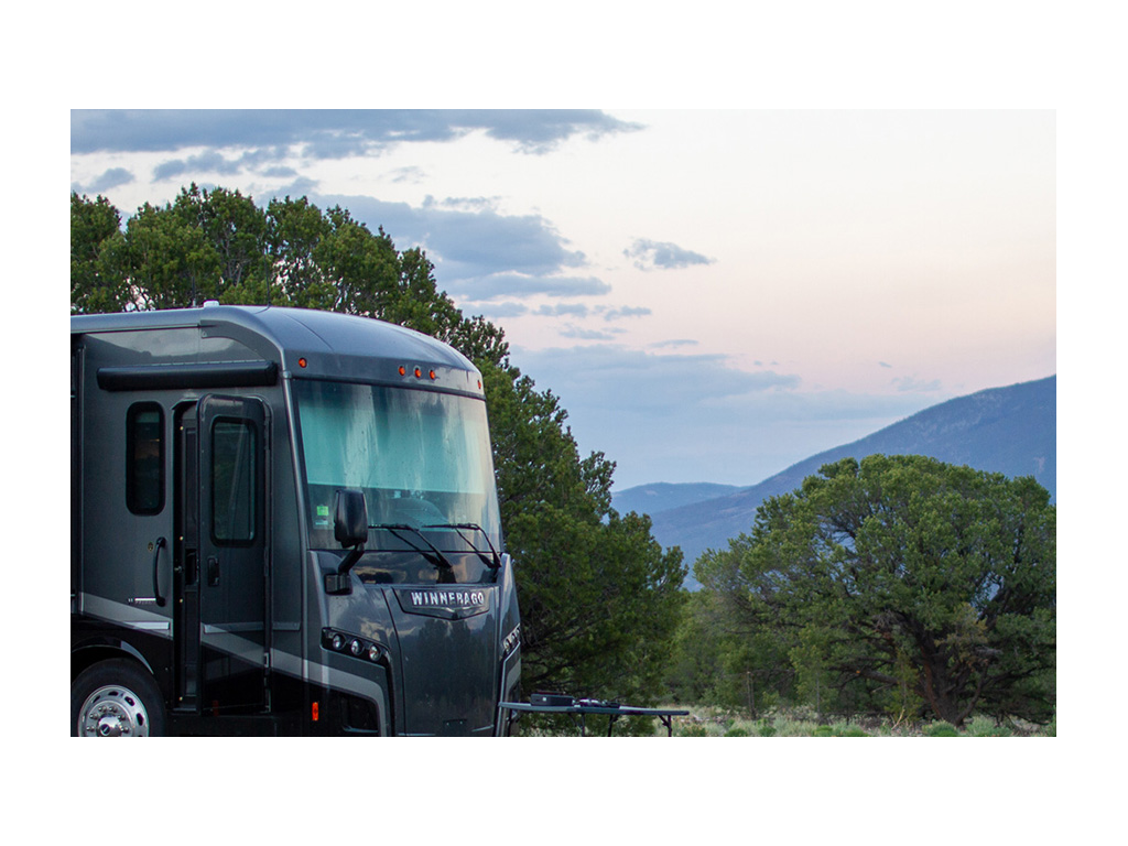 Winnebago Forza parked on BLM land in Colorado at sunset