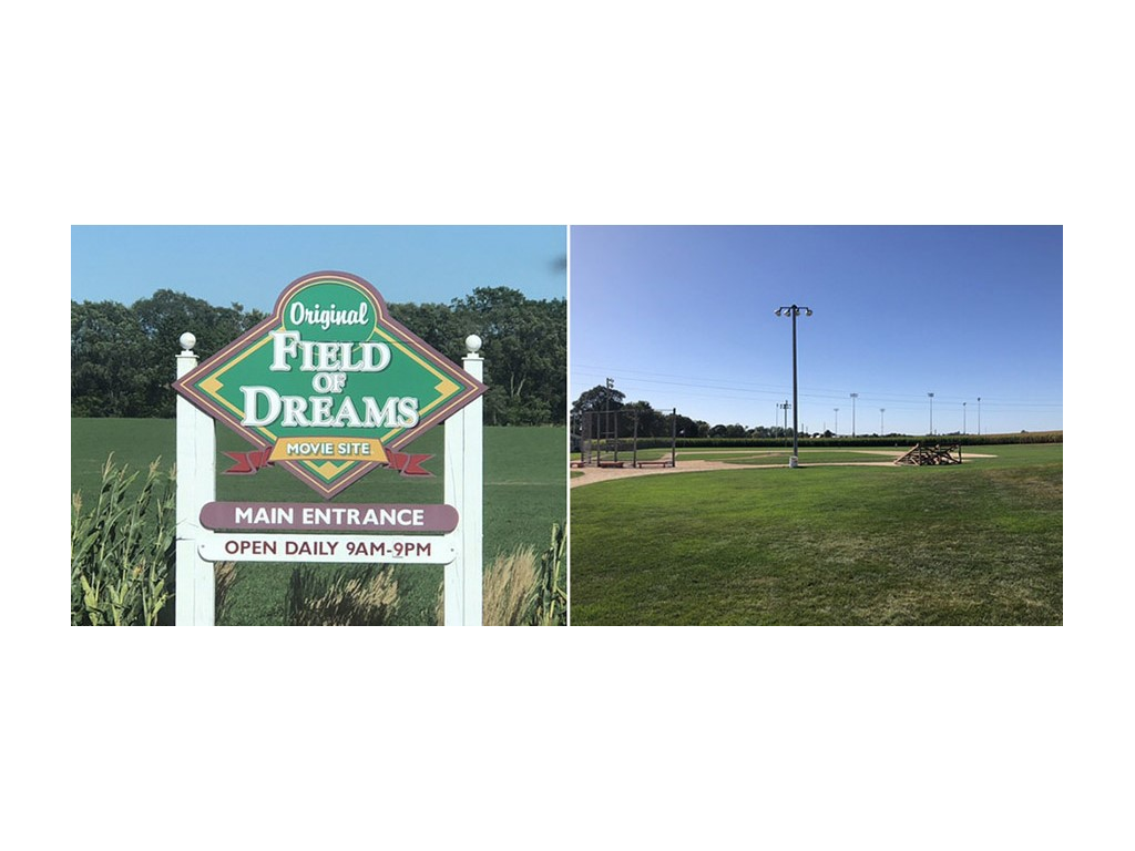 First photo: Field of Dreams sign. Second photo: baseball field from Field of Dreams