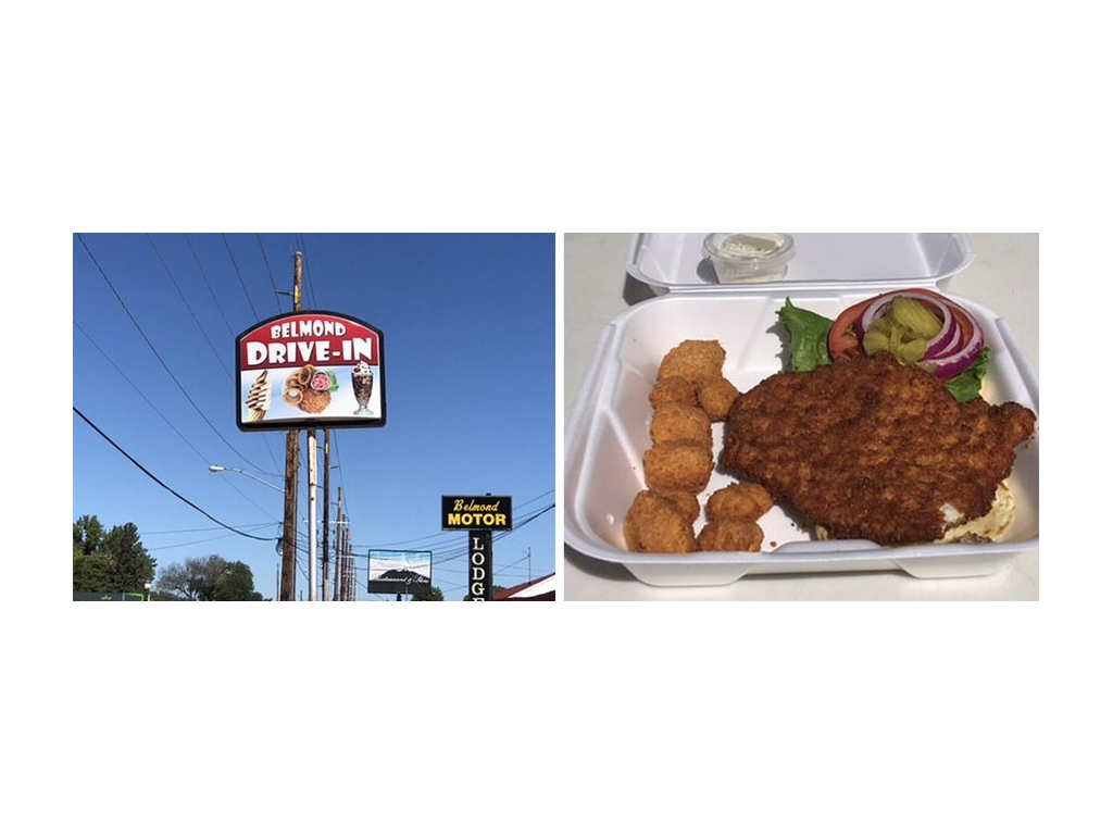 First photo: Belmond drive in sign. Second photo: pork tenderloin in to go box