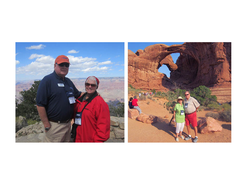First photo: Jeanie and Andy smiling for photo wearing their Outdoor Adventures hats and badges. Second photo: Jeanie and Andy smiling for photo in front of arch on Grand Circle Caravan. 