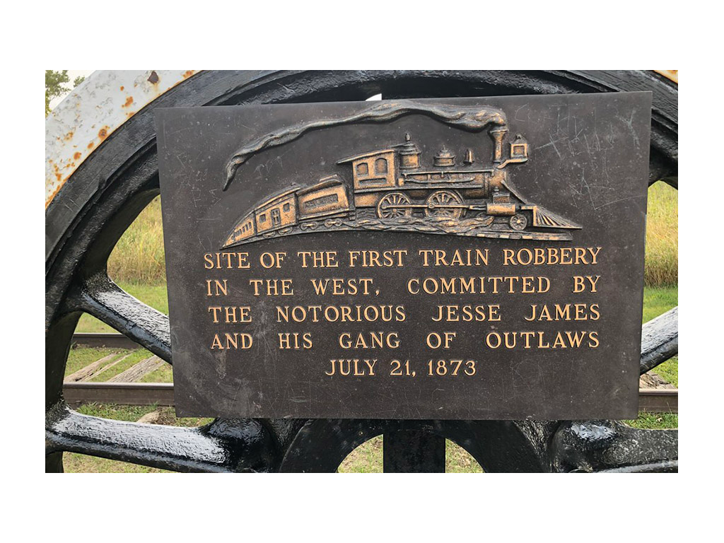 Sign for the first Jesse James train robbery