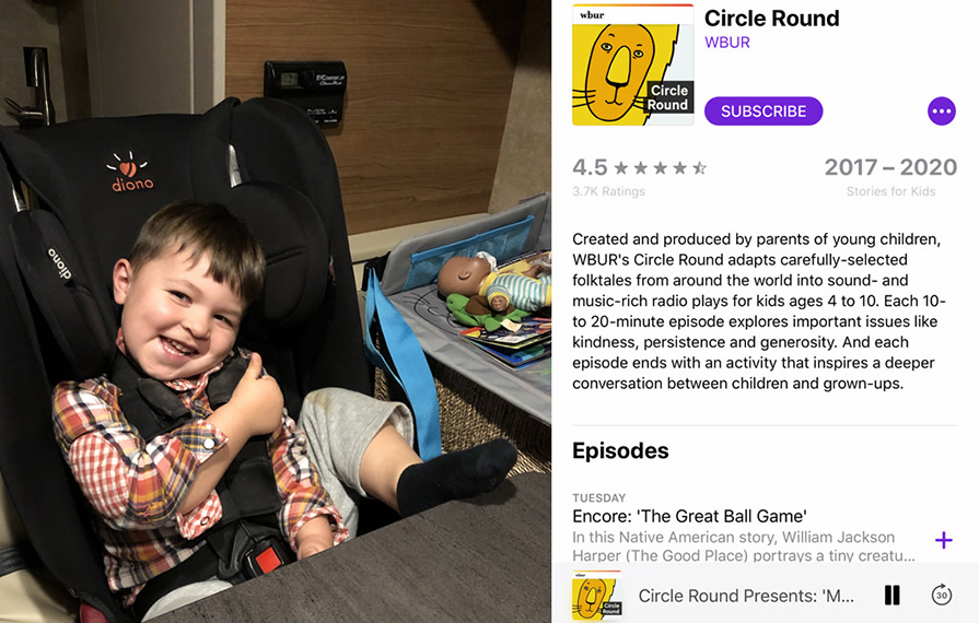 First image is of Caspian sitting in car seat giving a thumbs up. Second image is a screenshot of the Circle Round podcast