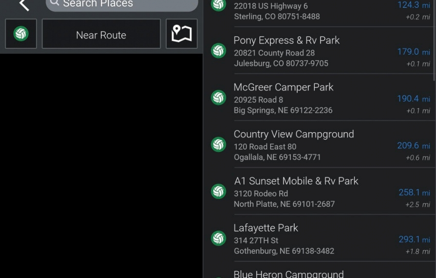 Co-Pilot showing nearby campgrounds