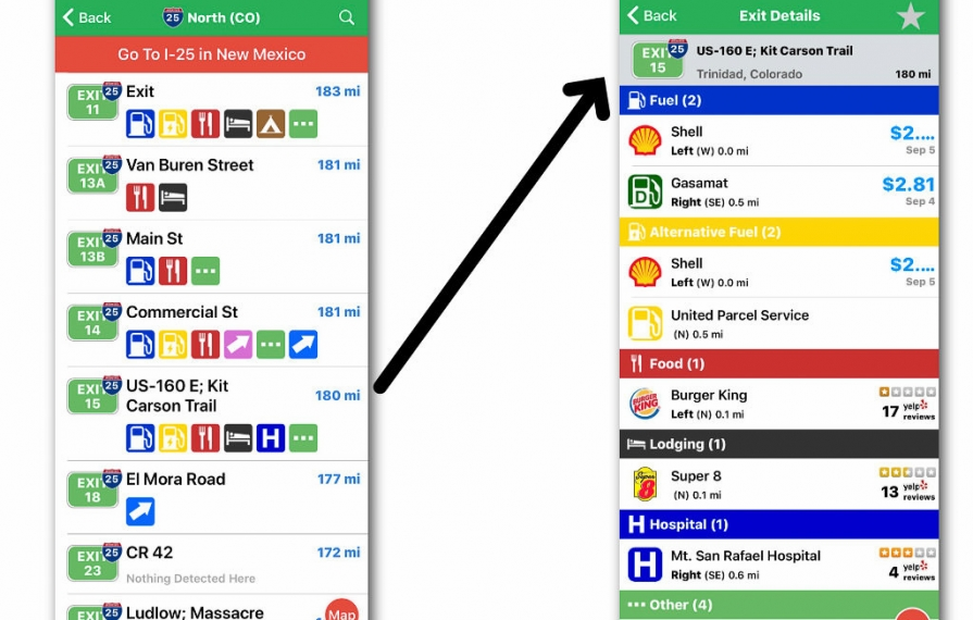 iExit showing nearby exits and services available