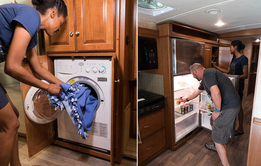 First photo: Sabrina putting laundry in washing machine Second photo: Kenny looking in refrigerator and Sabrina looking in kitchen cupboard 