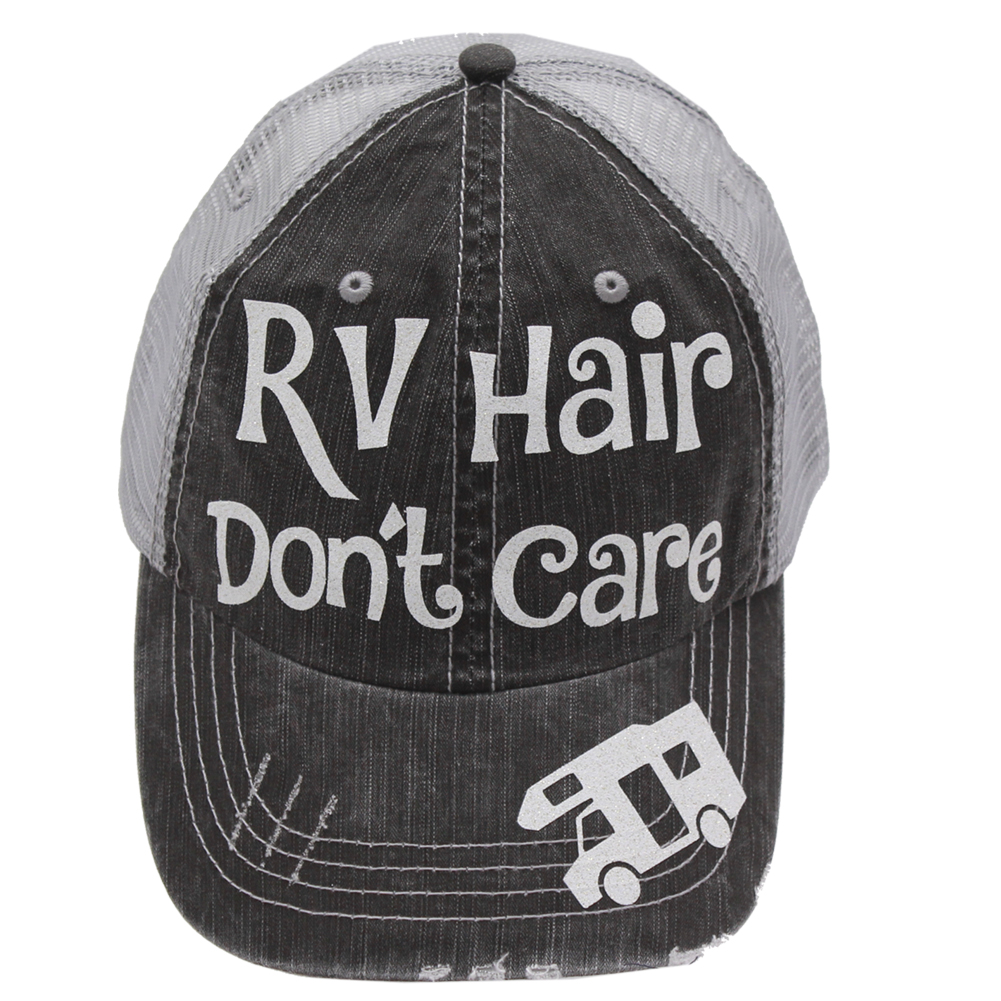 Baseball cap with "RV Hair Don't Care" saying stitched on the front of the cap