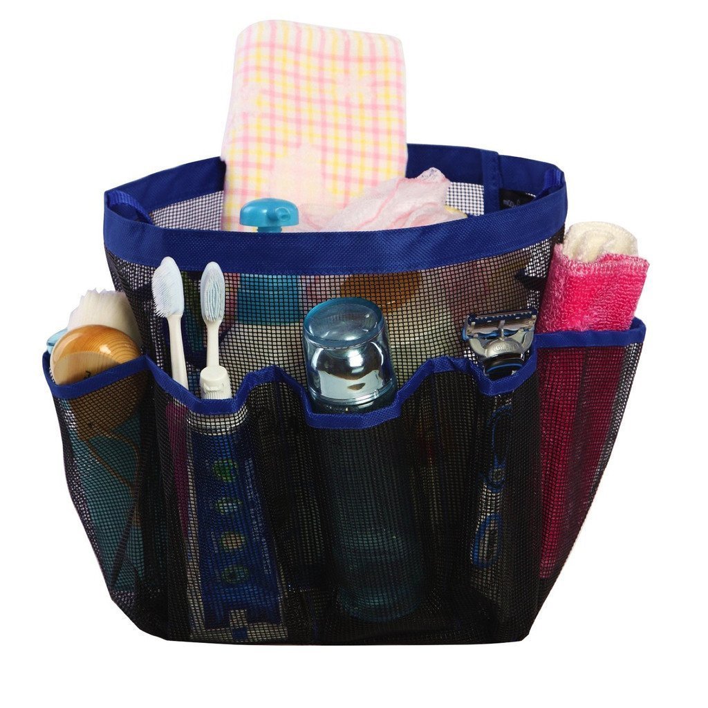 Shower house caddy examply filled with necessary bath supplies