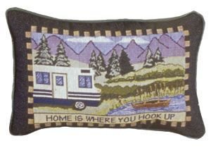 Decorative Pillow stitched with "Home is where you hook up" saying