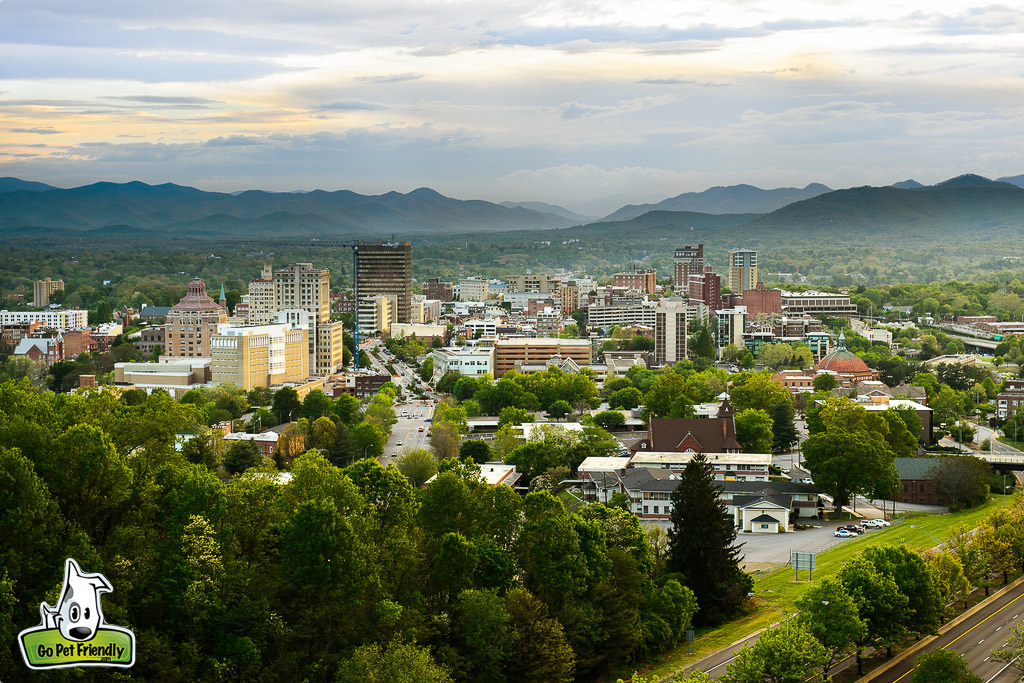 City of Asheville with mountains in the distance.