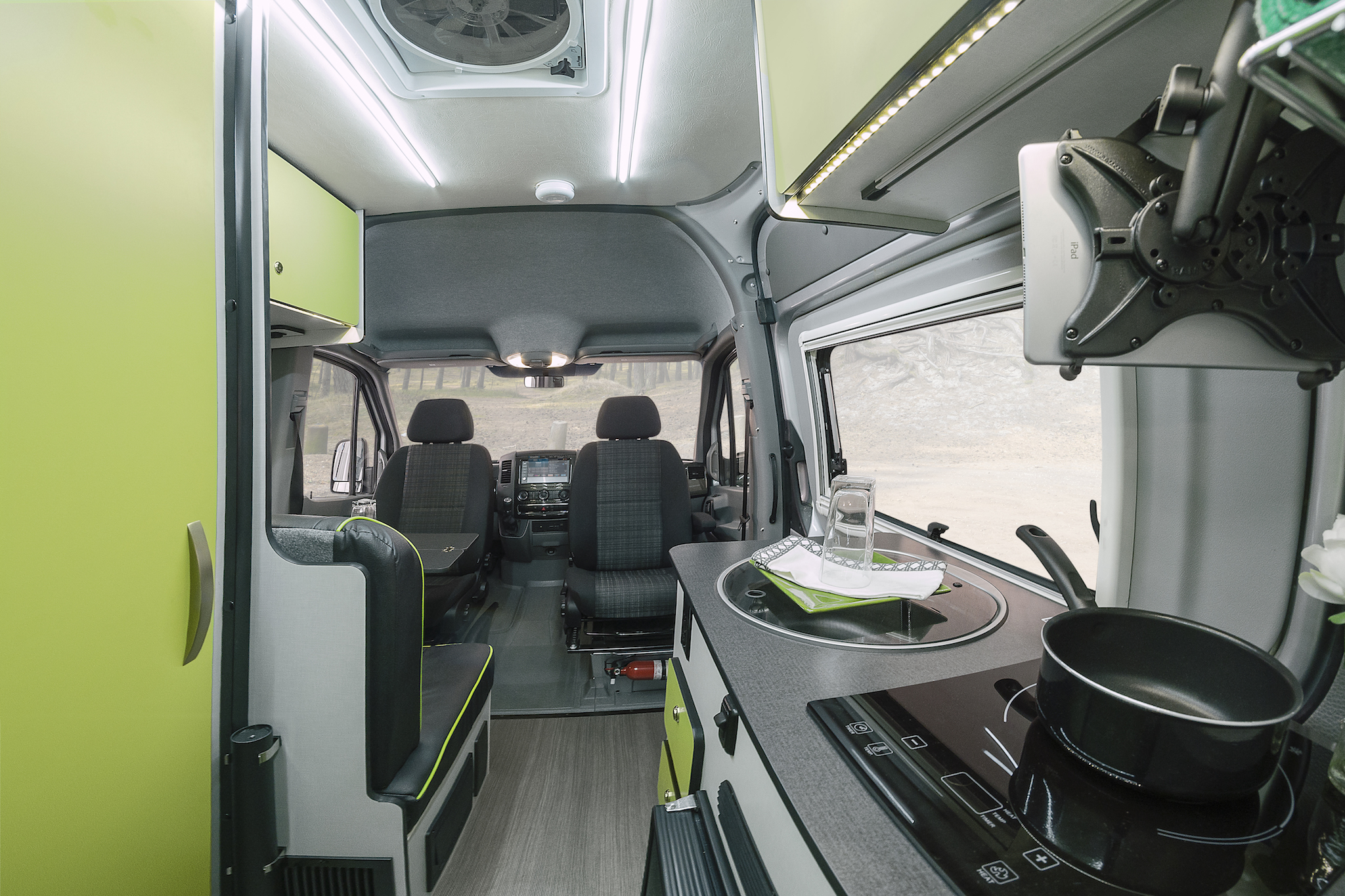Kitchenette and front cab area of the Winnebago Revel.