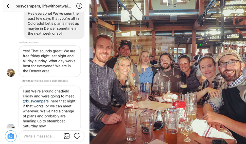 First photo is message thread on Instagram. Second photo is large group gathered around a table.