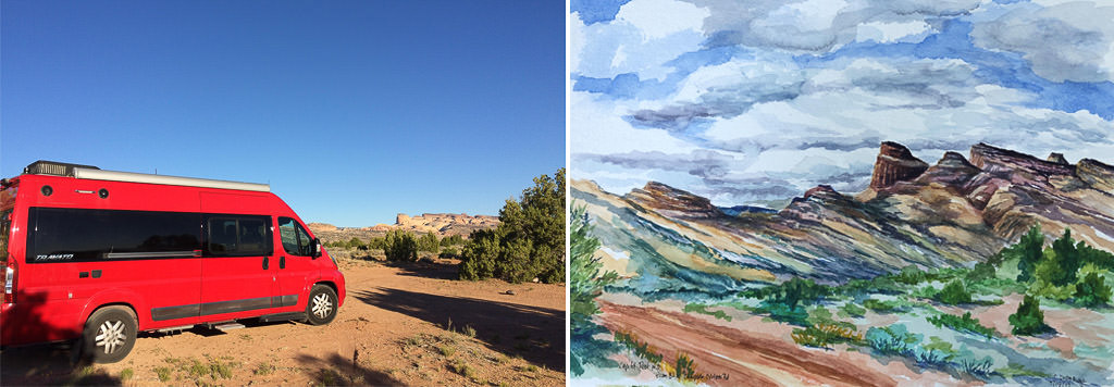 First picture: Red Travato BLM land on the Notom-Bullfrog Road. Second picture: Watercolor painting of mountains
