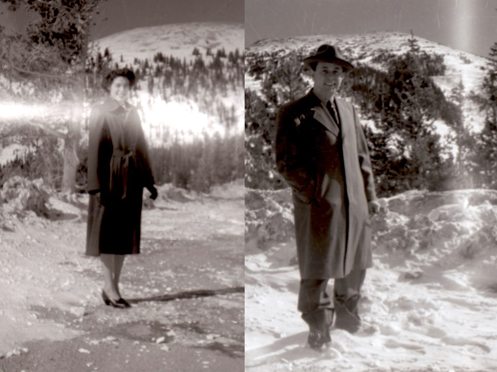 Old photos of Don's parents in formal dress with tree and snow covered hillsides in the background.