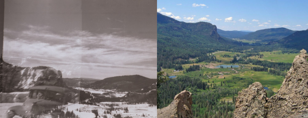 Side by side old photo of Wolf Creek Pass next to recent photo.