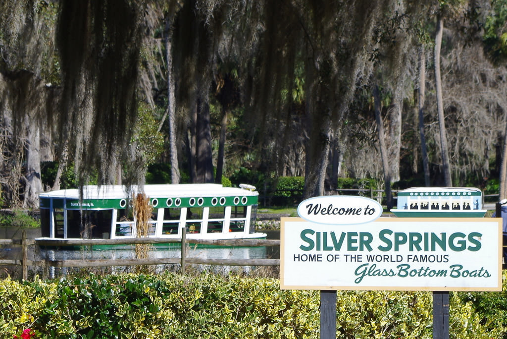 Sign for Silver Springs with Glass Bottom Boat on the water in the background.