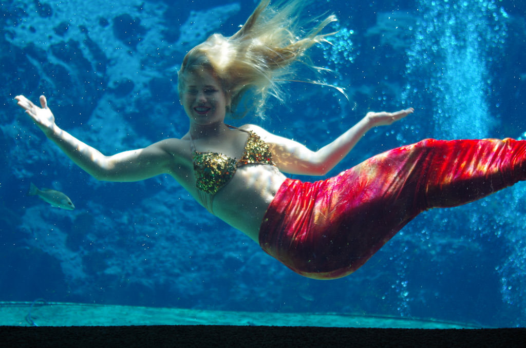 Woman dressed as a mermaid underneath the water. 