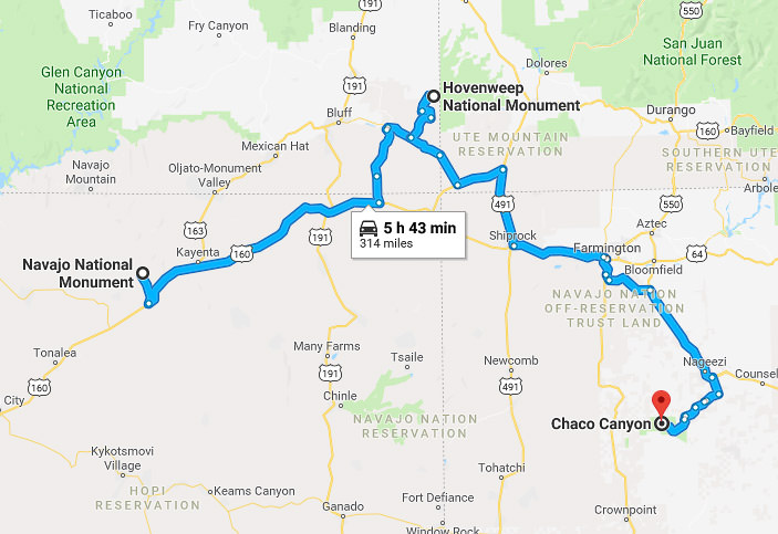 Google map route from Navajo National Monument to Chaco Canyon
