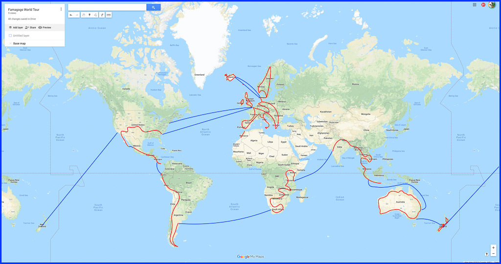 Map of the world with routes traced accross.