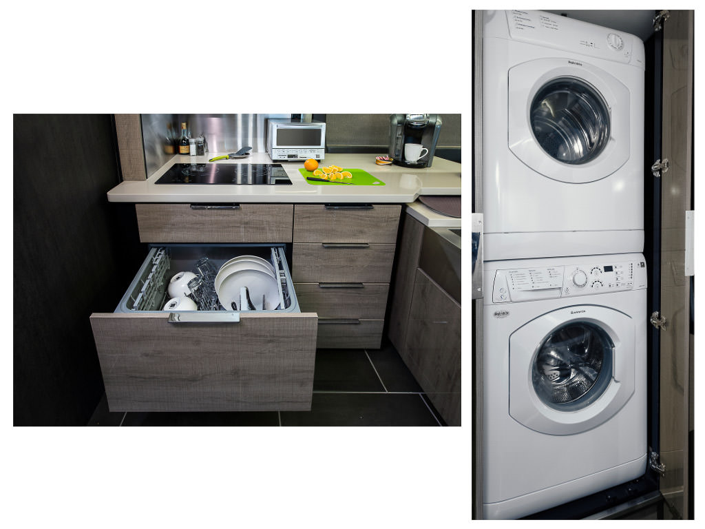 First photo: Horizon dishwasher pulled out full of dished. Second photo: stacked white washer and dryer